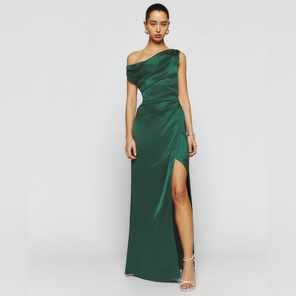 Reformation 100% Silk Poema Silk Long Maxi Dress in Emerald Green - Picture 3 of 7